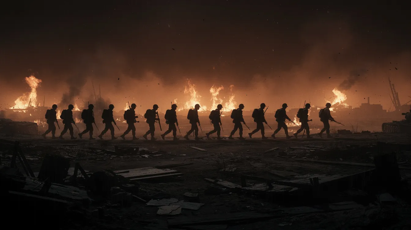 Silhouetten von Soldaten, die in einer Linie durch eine dunkle Landschaft marschieren, während im Hintergrund Feuer brennen und ein unheimliches orangefarbenes Licht gegen den Nachthimmel strahlt. Diese Szene erinnert an den Vietnamkrieg und die düstere Atmosphäre des Films "Full Metal Jacket" von Stanley Kubrick.