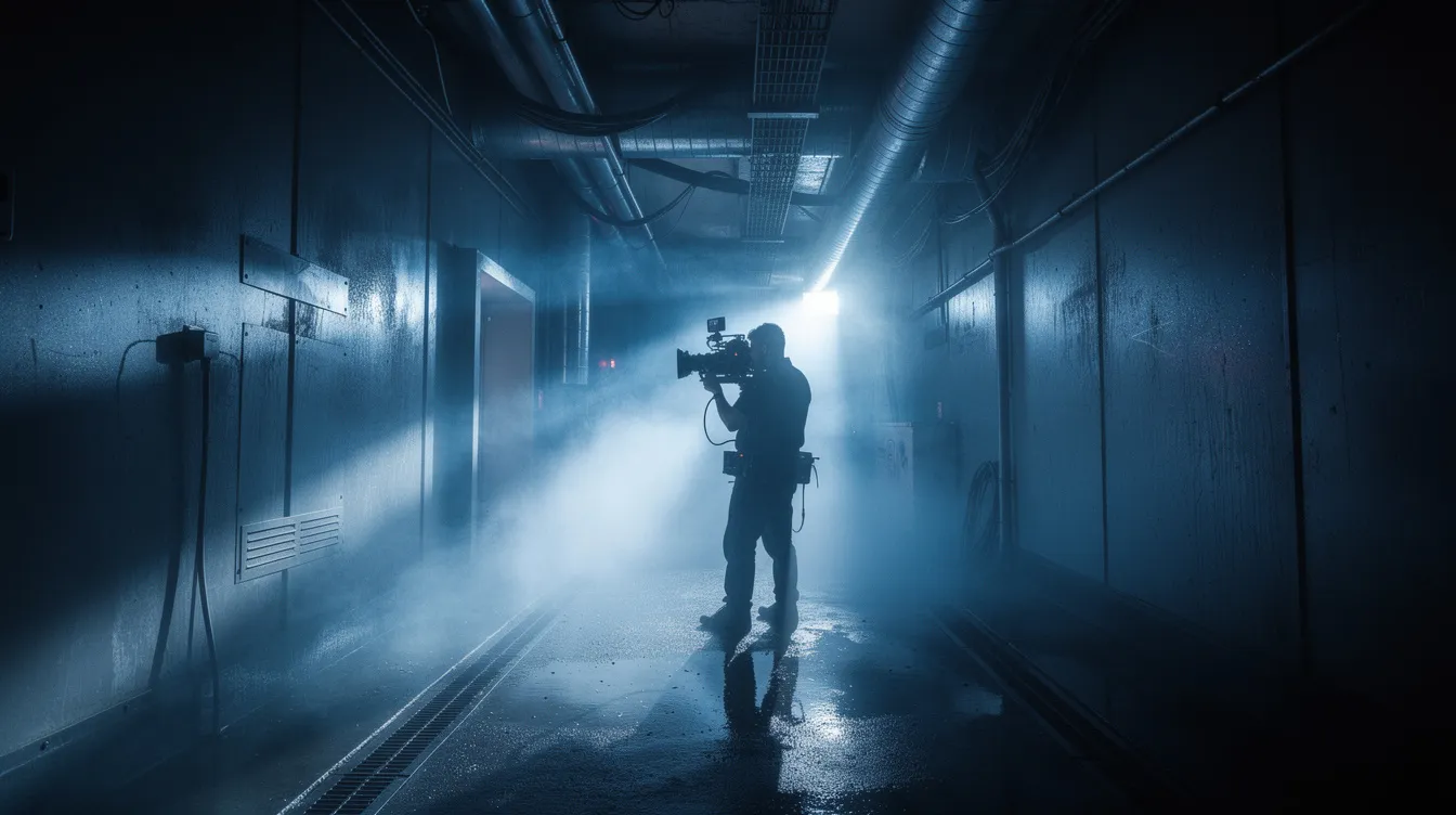 Ein Kameraoperator filmt in einem engen industriellen Korridor, der von dramatischer blauer Beleuchtung und Nebel umhüllt ist, was eine spannende Atmosphäre schafft, die an die Alien-Filme erinnert. Die Szene könnte aus einem Actionfilm stammen, der die Themen von Überleben und Auseinandersetzung in einer futuristischen Umgebung behandelt.