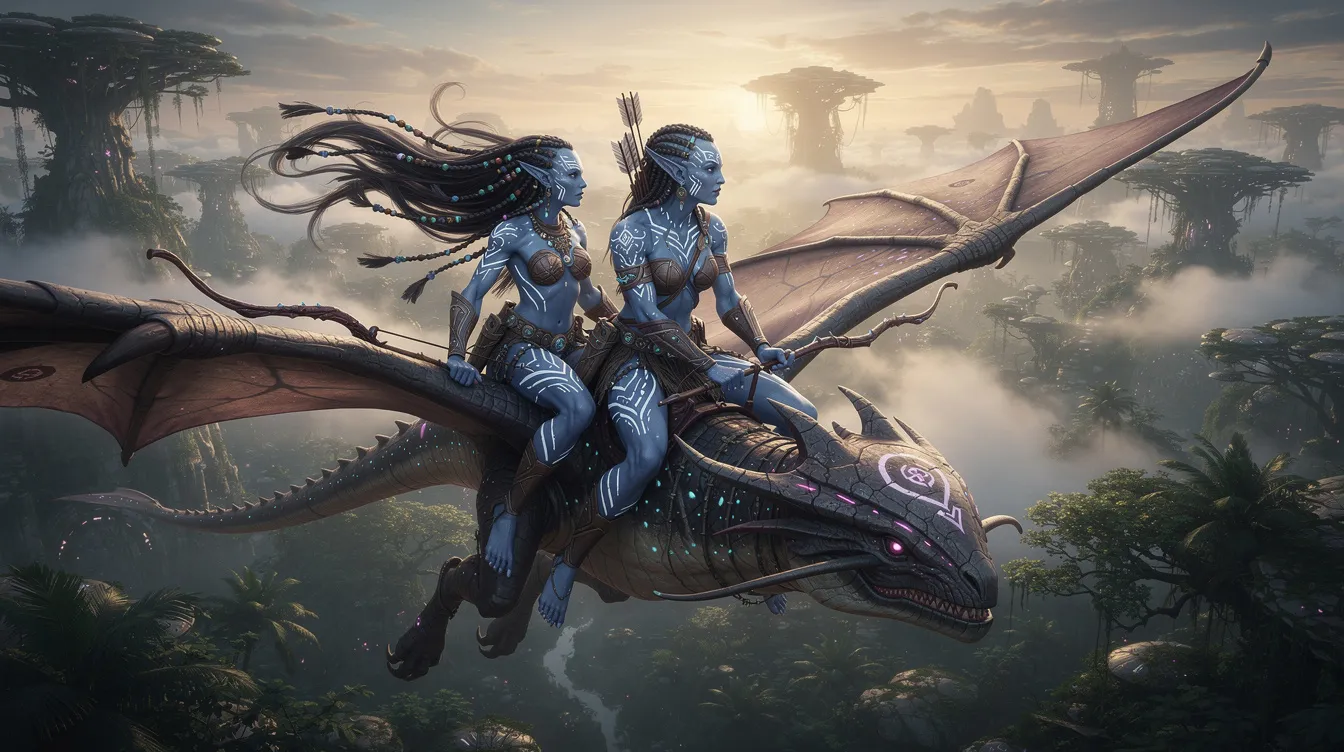 Zwei blauhäutige außerirdische Krieger, mit Stammesbemalungen und Bögen auf dem Rücken, reiten auf einem großen fliegenden Wesen über einem nebelverhangenen Dschungel, inspiriert von der Welt aus "Avatar – Aufbruch nach Pandora". Die Szene vermittelt ein Gefühl von Abenteuer und der mystischen Natur des Planeten Pandora.
