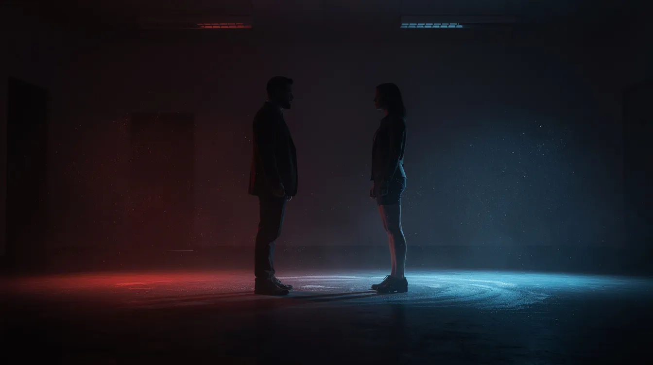 In einem dunklen Raum stehen sich zwei Silhouetten gegenüber, beleuchtet von rotem und blauem Licht, was eine dramatische Atmosphäre erzeugt. Diese Szene erinnert an die spannungsgeladenen Auseinandersetzungen in "Star Wars: Episode V – Das Imperium schlägt zurück".