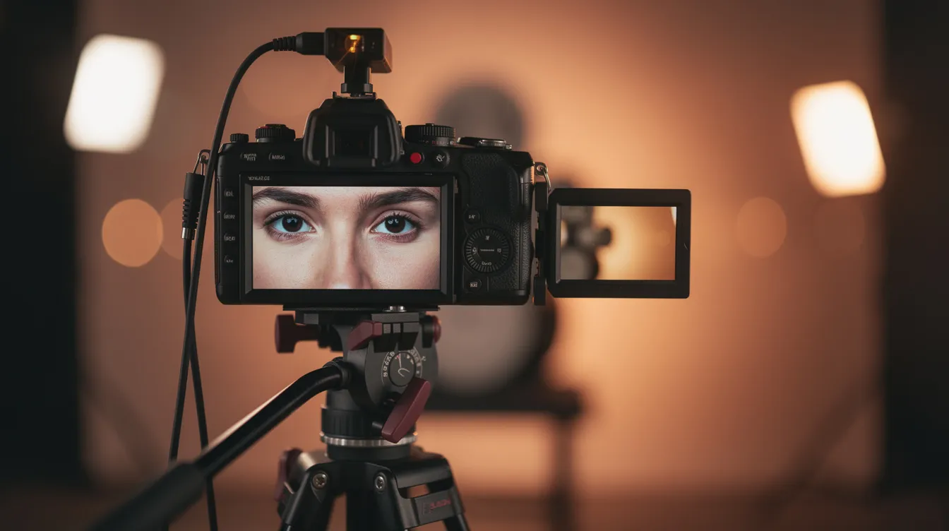Eine Filmkamera auf einem Stativ filmt eine Nahaufnahme eines Gesichts, während ein kleiner Monitor den Bildausschnitt zeigt. Im Hintergrund sorgt warmes Set-Licht für eine einladende Atmosphäre, die an eine Episode einer Seifenoper erinnert.