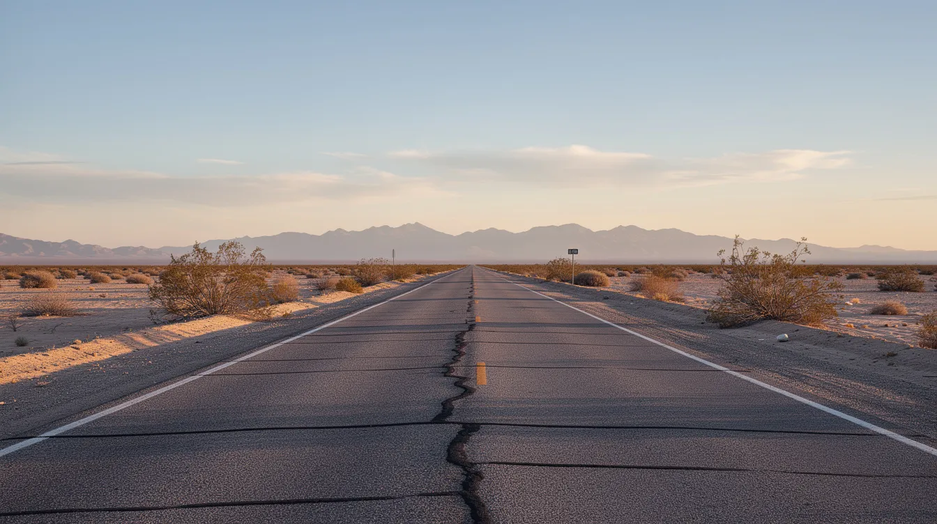 Die endlose Asphaltstraße zieht sich durch eine flache Wüstenlandschaft, umgeben von der heißen Ödnis und fernen Bergsilhouetten am Horizont, die an die Atmosphäre des Films "Paris, Texas" von Wim Wenders erinnern. Diese Szenerie spiegelt die Themen von Selbstfindung und Verlust wider, die in der Geschichte von Travis Henderson und seiner Suche nach seiner Familie zentral sind.