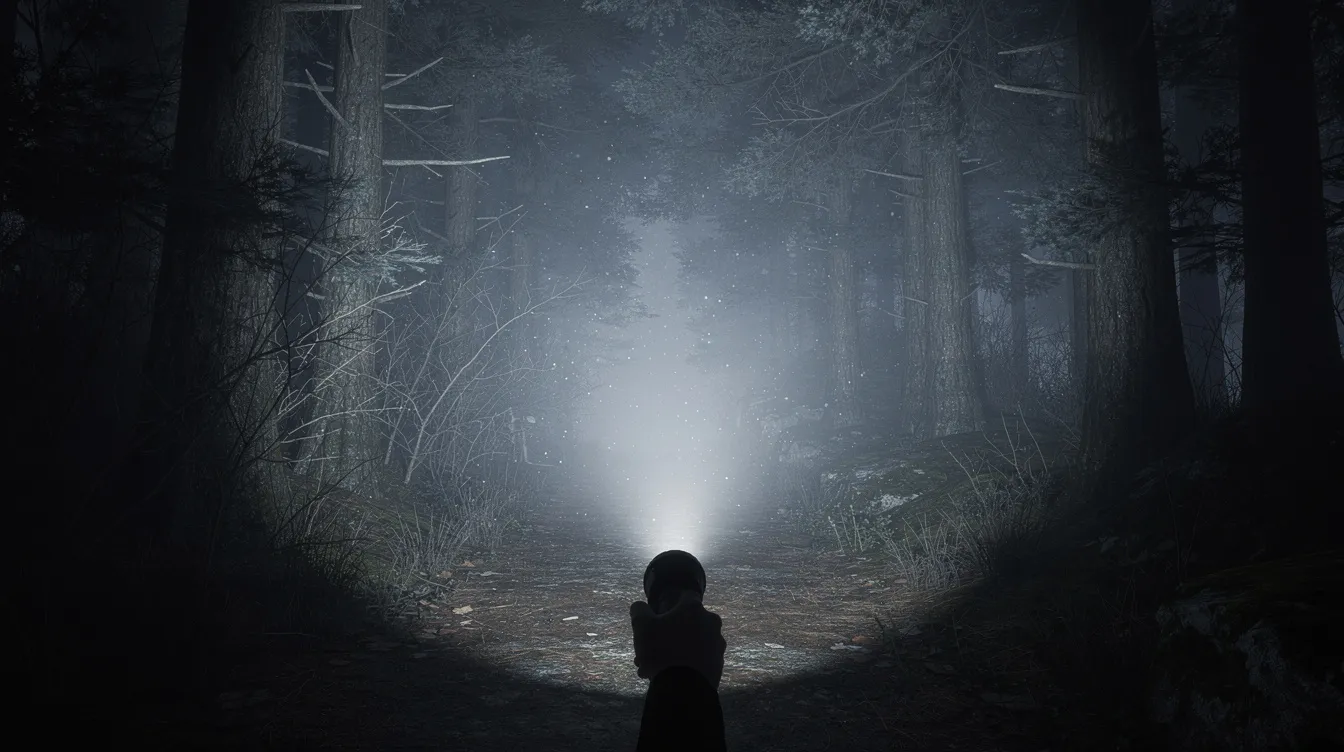 Ein dunkler Waldweg bei Nacht, durch den ein einzelner Lichtstrahl einer Taschenlampe fällt, schafft eine neblige und mysteriöse Atmosphäre, die an die spannenden Abenteuer von "Monster of the Week" erinnert. Die Umgebung ist still und geheimnisvoll, als ob sich dort übernatürliche Kreaturen verstecken könnten.