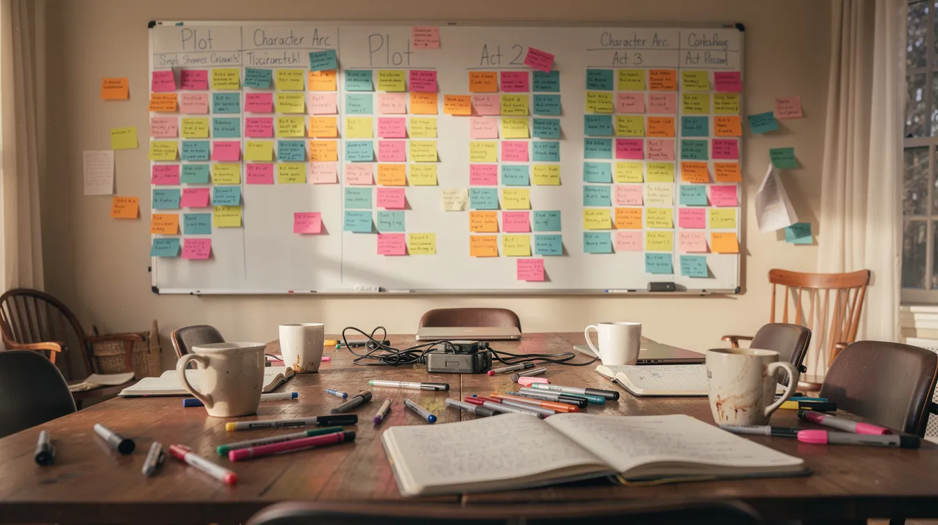 Der Autorenraum zeigt ein großes Whiteboard, das mit bunten Karteikarten und Post-its bedeckt ist. Auf dem Tisch stehen Stifte und leere Kaffeebecher, die die kreative Atmosphäre eines Schreibprozesses widerspiegeln.