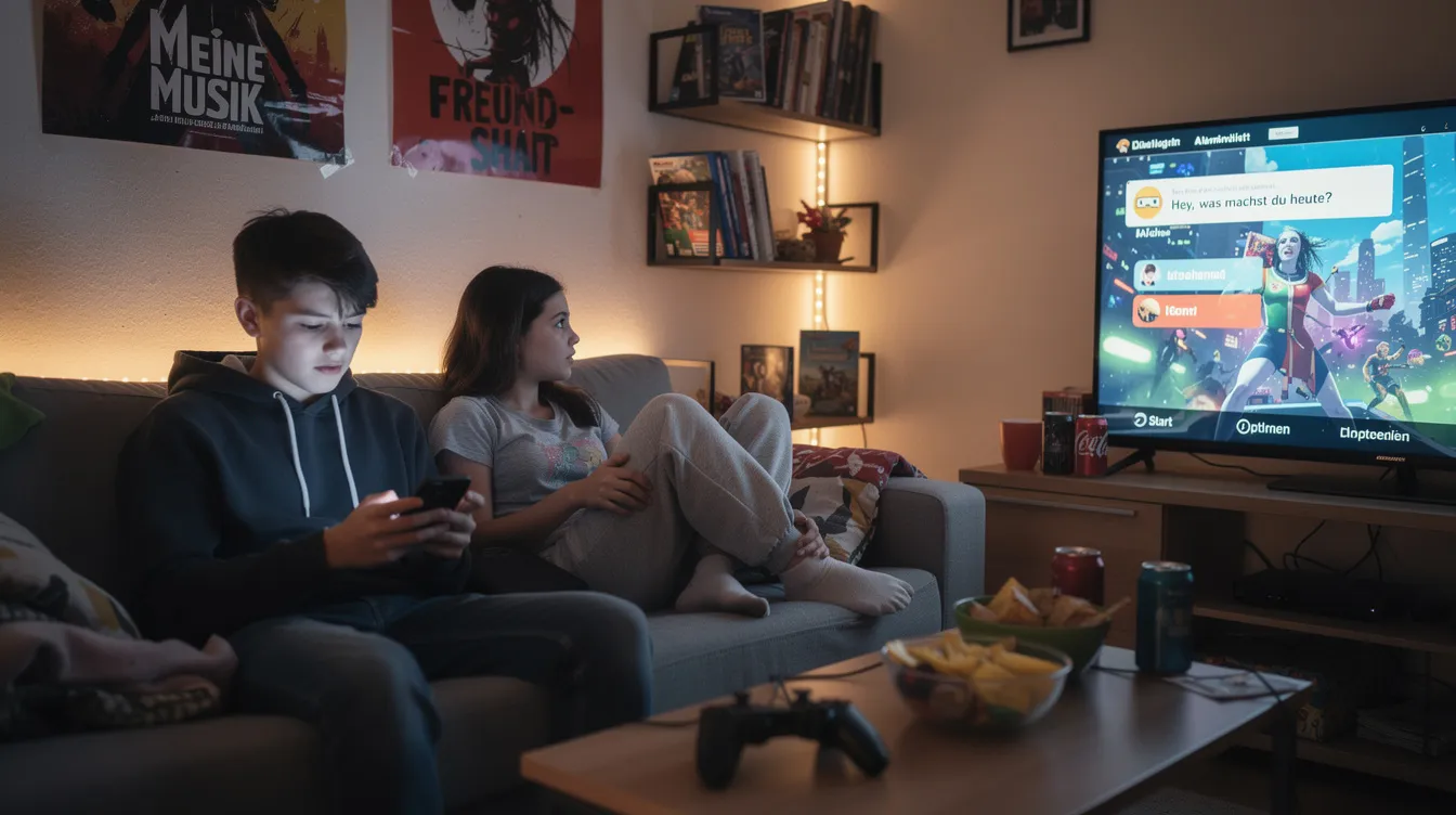 Zwei Jugendliche sitzen gemütlich auf einem Sofa in einem Jugendzimmer. Einer von ihnen nutzt ein Smartphone, während der andere auf den Fernseher schaut und die Parallelnutzung von Medien, wie Social Media und Fernsehen, erlebt.