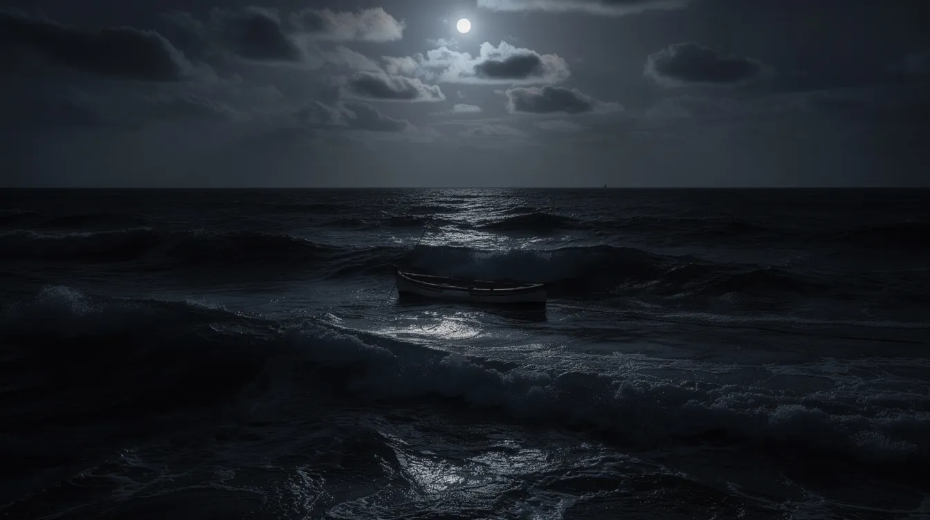 Ein einsames Fischerboot schwankt auf dem dunklen, rauen Wasser des Mittelmeers, beleuchtet vom silbernen Licht des Mondes. Die Szenerie strahlt eine melancholische Ruhe aus, während die Nacht über das Bild der Bourne-Identität gelegt ist, die an Abenteuer und Geheimnisse erinnert.