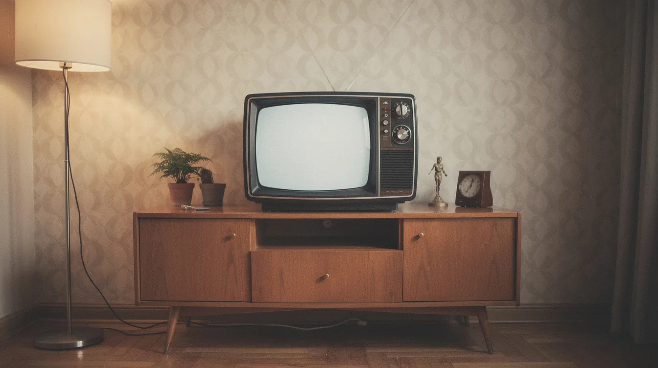 Ein schwarzweißes Fernsehgerät aus den 1960er-Jahren steht auf einem Holzschrank in einem Wohnzimmer, das mit Retro-Tapete dekoriert ist. Die nostalgische Atmosphäre erinnert an vergangene Zeiten und die beliebten Fernsehserien dieser Ära.