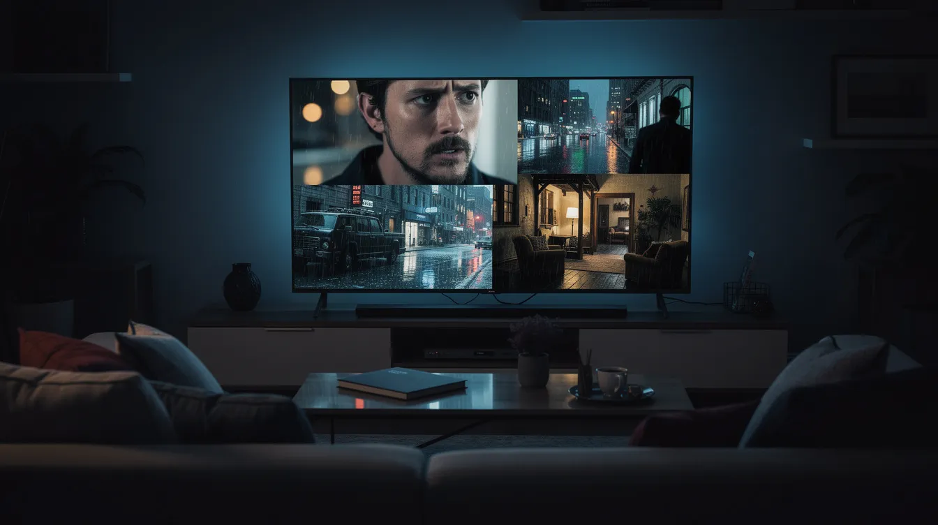 Ein abgedunkeltes Wohnzimmer mit einem Fernseher, der eine dramatische Szene aus einer fiktiven Serie zeigt, während auf dem Bildschirm schnelle Schnitte verschiedener Figuren und Schauplätze zu sehen sind. Die Handlung und die Einstellungen der Serie ziehen die Zuschauer in die Welt der Inhalte und bieten eine spannende Übersicht über die Charaktere und deren Entscheidungen.