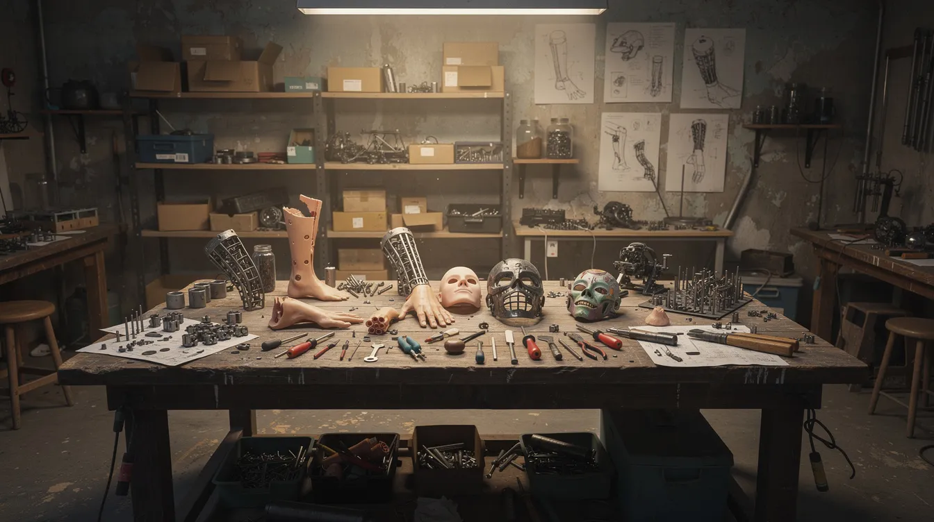 In einer Werkstatt stehen auf einem Arbeitstisch verschiedene Prothesen, Masken und mechanische Modellteile, die an die futuristischen Designs aus der "Terminator"-Filmreihe erinnern. Die Atmosphäre ist kreativ und technisch, ideal für die Herstellung von Requisiten für Science-Fiction-Filme.