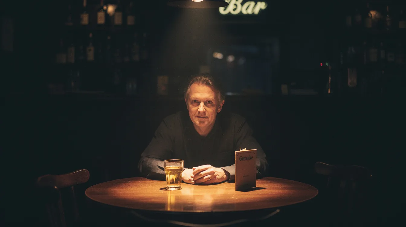 Eine Person sitzt allein an einem kleinen Tisch in einer dunklen Bar, während ein warmer Lichtkegel ihr Gesicht und den Tisch beleuchtet. Der Rest des Raumes bleibt im Schatten, was eine geheimnisvolle Stimmung erzeugt, die an die Atmosphäre des Films "Spotlight" erinnert.