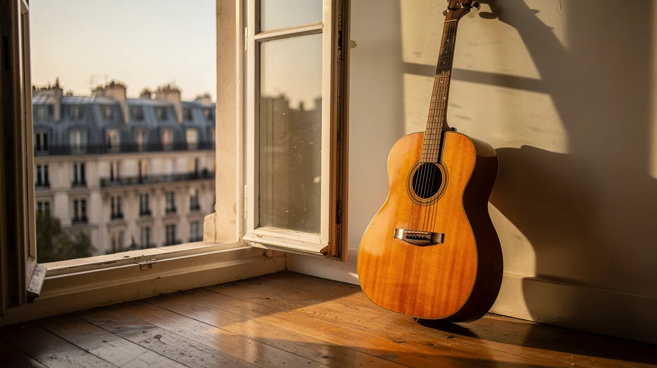 Eine akustische Gitarre lehnt entspannt neben einem offenen Fenster, durch das warmes Nachmittagslicht auf den Holzboden strömt. Im Hintergrund sind die charakteristischen Dächer von Paris zu sehen, die eine romantische Atmosphäre schaffen, die an die Filme von Richard Linklater erinnert.
