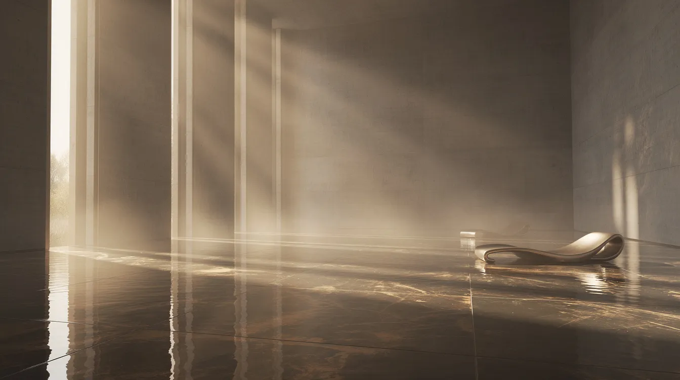 Der futuristische Innenraum erinnert an die Ästhetik des Films "Blade Runner 2049", mit hohen Decken und Wasserflächen auf dem Boden, während warmes Licht durch schmale Fenster strahlt und sich auf den reflektierenden Oberflächen bricht. Diese Sci-Fi-Szenerie vermittelt eine dystopische Atmosphäre, die typisch für die Werke von Ridley Scott und Denis Villeneuve ist.