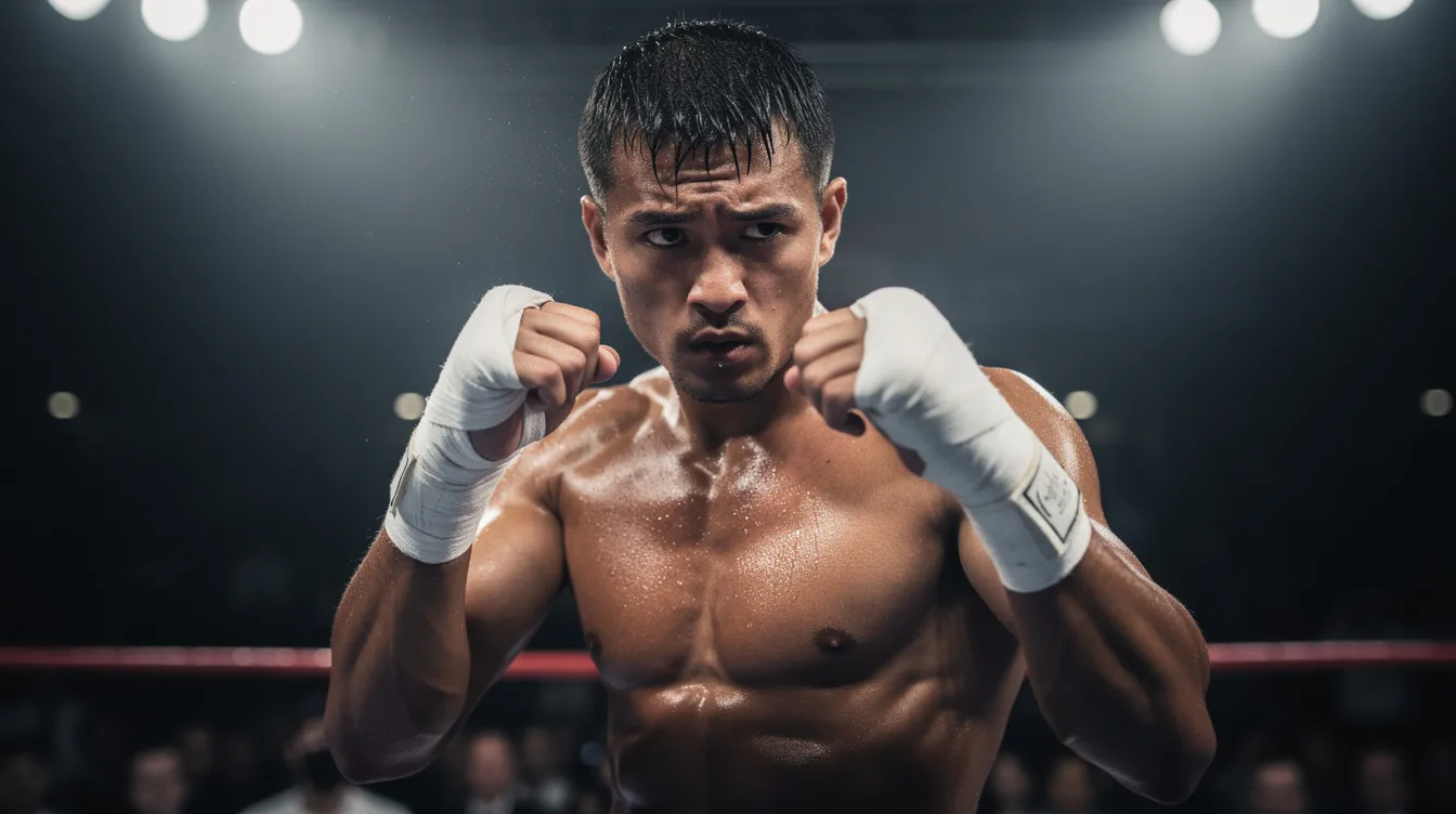 Ein dramatisch beleuchteter Boxer in Kampfhaltung steht im Boxring, sein Körper glänzt vor Schweiß, während der dunkle Hintergrund von Scheinwerferlicht durchbrochen wird. Diese Szene vermittelt die Intensität und den Kampfgeist, die oft mit der Geschichte von Rocky Balboa und seinem Weg zum Champion verbunden sind.