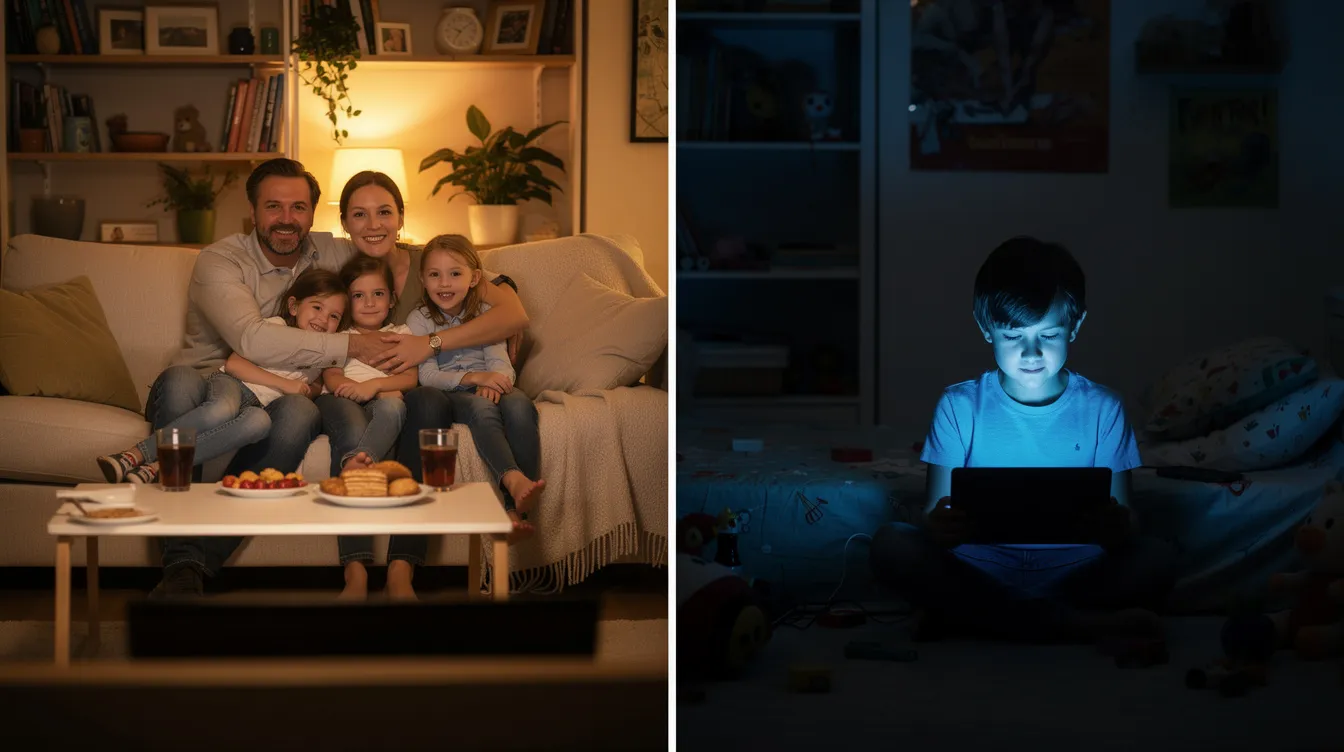 Das Bild zeigt zwei Szenen: Auf der linken Seite sitzt eine Familie gemeinsam auf dem Sofa im Wohnzimmer und schaut eine Serie, während sie einen Serienmarathon genießen. Auf der rechten Seite ist ein Kind allein im abgedunkelten Kinderzimmer, das mit einem leuchtenden Tablet eine Folge seiner Lieblingsserie anschaut, was das Phänomen des Binge Viewings verdeutlicht.