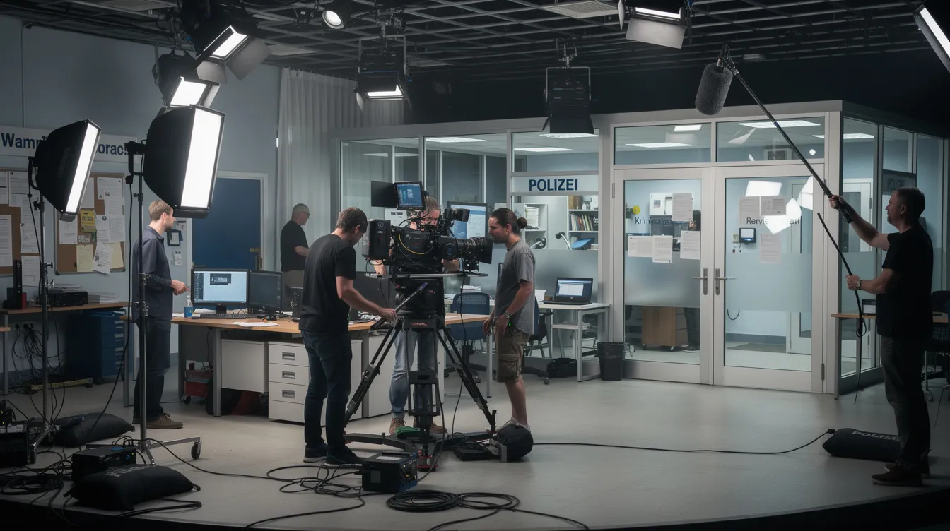 Das Bild zeigt ein Filmset einer modernen TV-Serienproduktion, auf dem ein nachgebautes Bühnenbild eines Polizeireviers zu sehen ist. Kameras und Beleuchtungstechnik sind strategisch platziert, um die Atmosphäre eines typischen Polizeidramas im Stil von "The Shield" oder "The Wire" einzufangen.