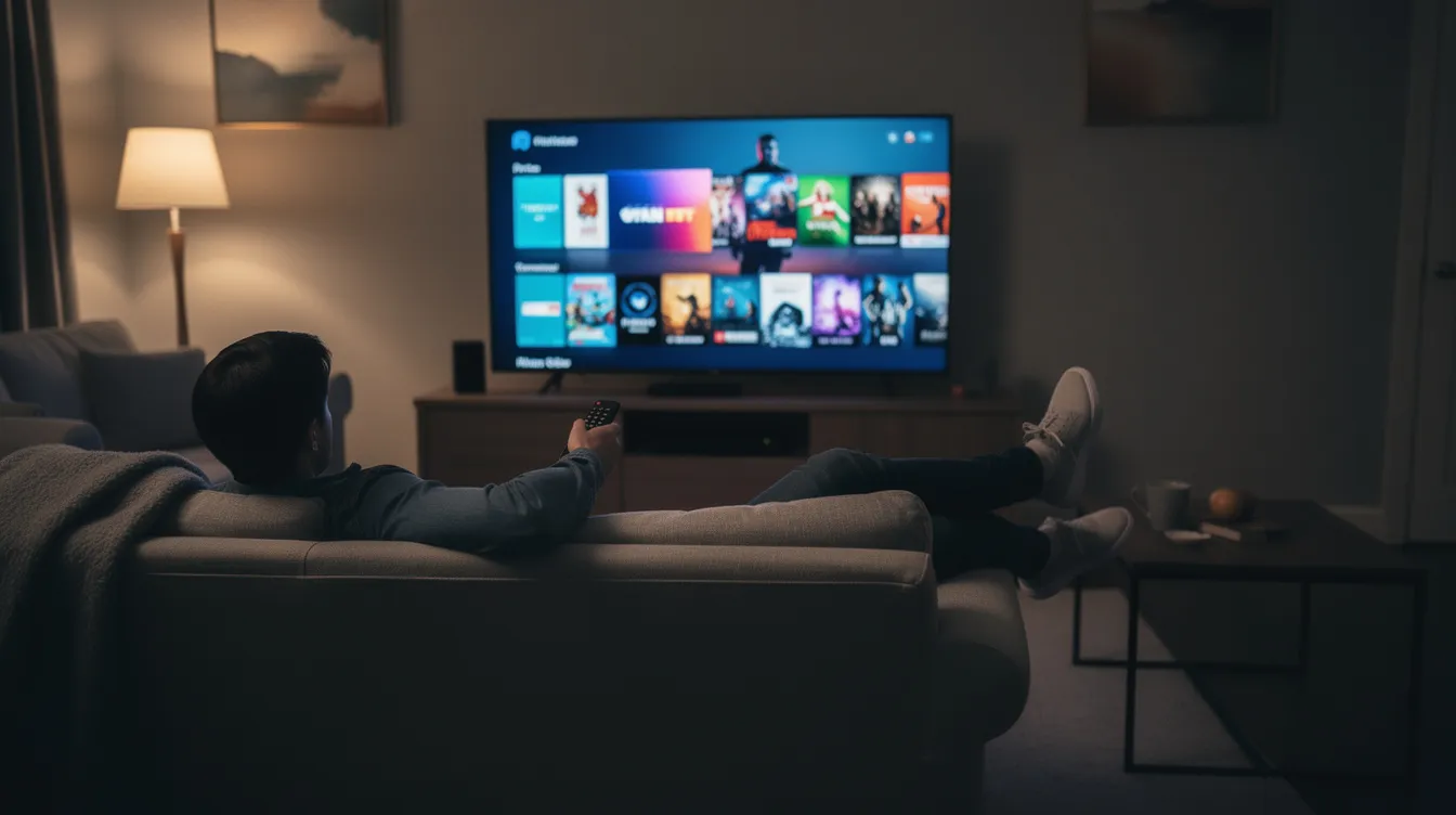 Eine Person sitzt entspannt auf einem Sofa in einem abgedunkelten Wohnzimmer, während sie mit einer Fernbedienung in der Hand auf einen großen Bildschirm schaut, der eine bunte Auswahl an Filmen und Serien zeigt. Das Licht des Bildschirms erhellt den Raum und schafft eine gemütliche Atmosphäre für das Streaming von Inhalten auf Plattformen wie Netflix oder Amazon.