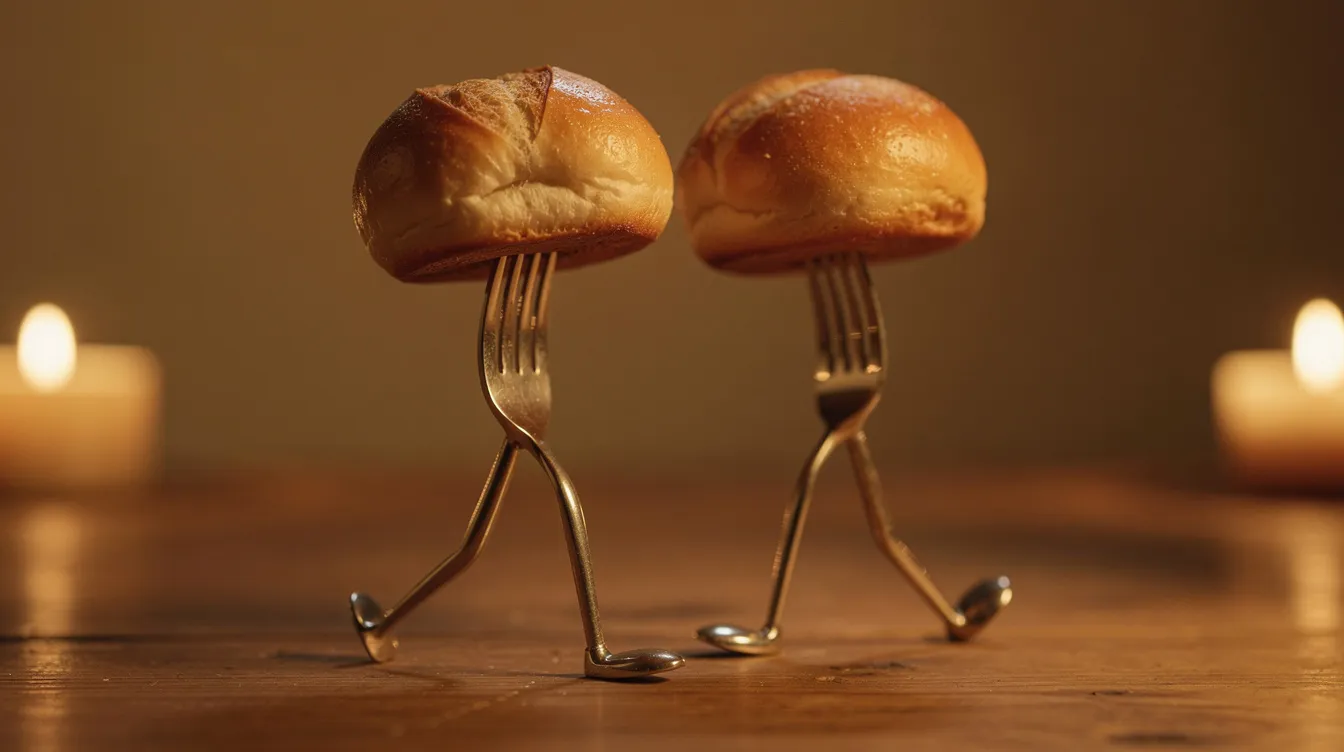 Auf dem Tisch stehen zwei runde Brötchen, die auf Gabeln aufgespießt sind und wie tanzende Beine wirken, umgeben von einem schlichten Hintergrund mit sanftem Kerzenlicht, das eine gemütliche Atmosphäre schafft. Diese kreative Anordnung erinnert an den Goldrausch, in dem Goldsucher nach Reichtum strebten.