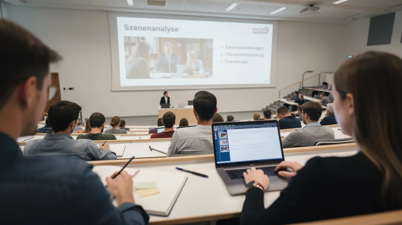 In einem Hörsaal sitzen Studierende, die aufmerksam auf eine Leinwand blicken, auf der eine Szene aus einer Serie analysiert wird. Vor ihnen liegen Notizblöcke und Laptops, die für die Erstellung von Notizen und die Diskussion der Handlung verwendet werden.