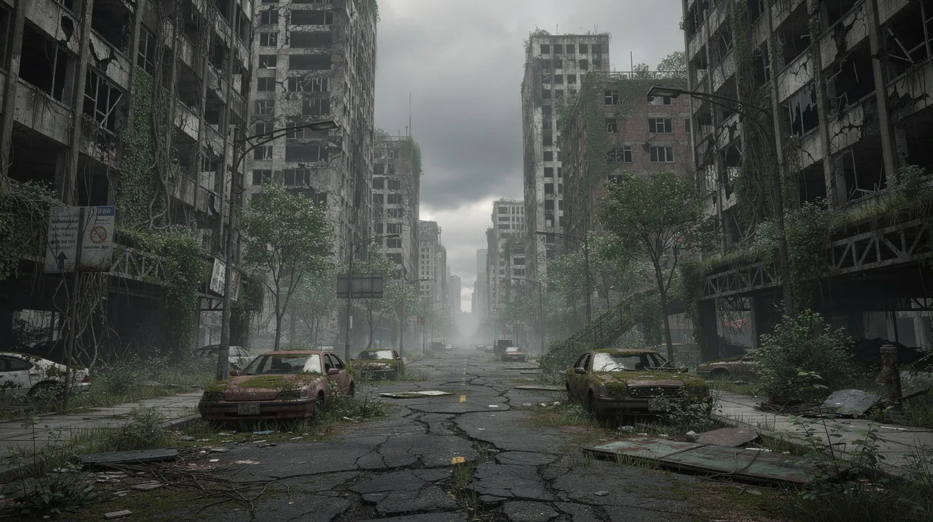 Das Bild zeigt eine verfallene Großstadt, in der überwucherte Hochhäuser mit zerbrochenen Fenstern und Vegetation, die durch Risse im Asphalt wächst, zu sehen sind. Der düstere Himmel verstärkt die apokalyptische Atmosphäre, die an Szenen aus "Planet der Affen: Revolution" erinnert.