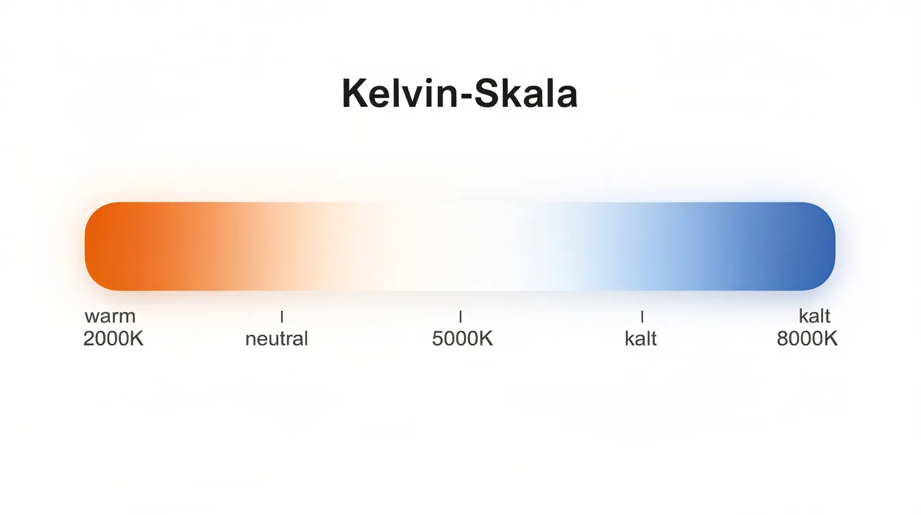Das Bild zeigt ein Farbspektrum einer Kelvin-Skala, das von einem warmen orangefarbenen Bereich auf der linken Seite zu einem kühlen bläulichen Bereich auf der rechten Seite übergeht. Dieser verlaufende Farbbalken veranschaulicht die verschiedenen Lichtqualitäten und Farbton-Variationen, die in der Filmbeleuchtung und bei der Verwendung von Lichtquellen wie LED-Leuchten eine Rolle spielen.