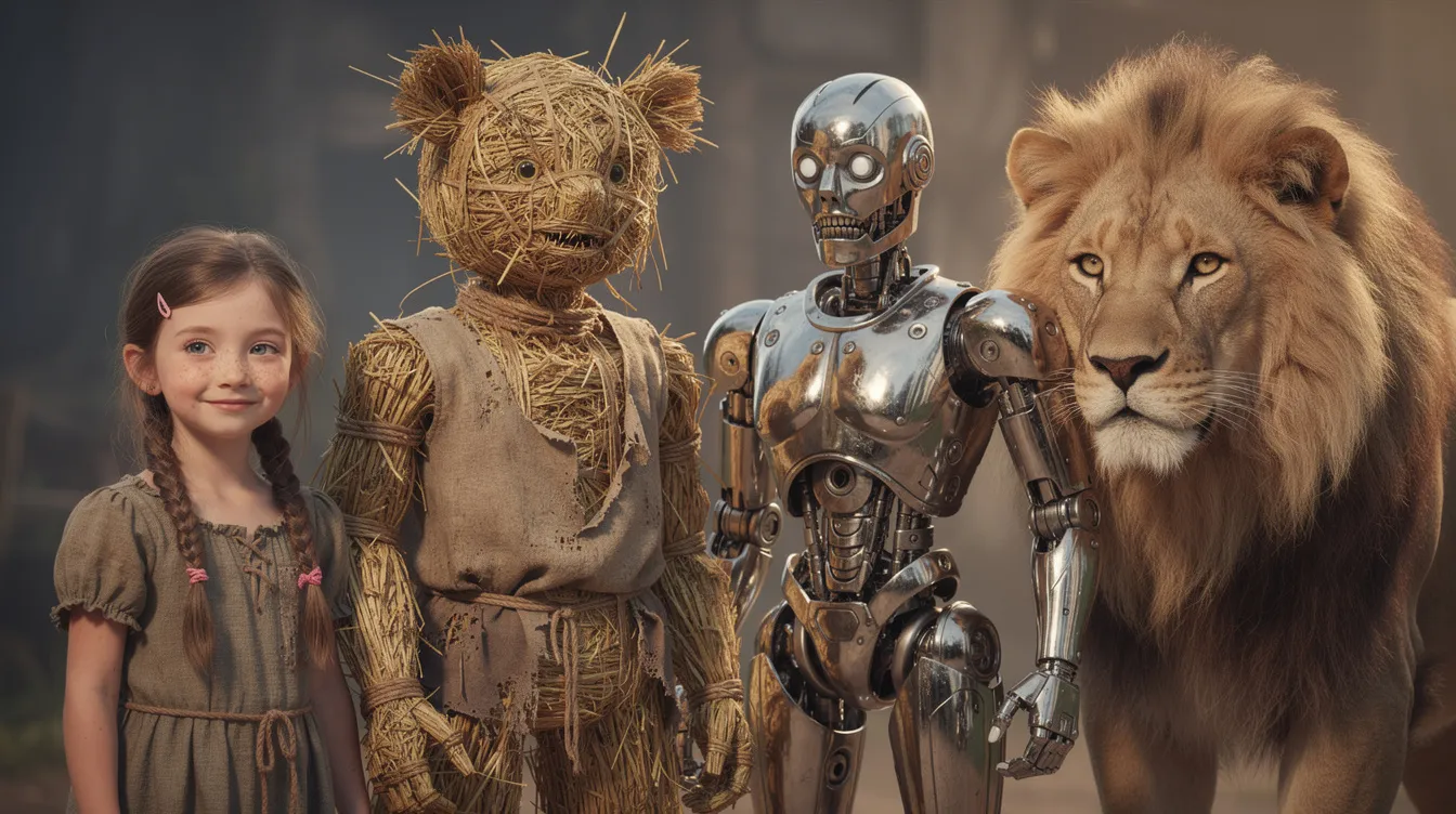 Das Bild zeigt eine Gruppe von Fantasy-Charakteren aus "Der Zauberer von Oz": ein Mädchen mit Zöpfen, eine Strohfigur, eine glänzende metallische Figur und ein großer Löwe mit ängstlichem Gesichtsausdruck. Diese Charaktere verkörpern die Abenteuer und die zauberhafte Welt, die Lyman Frank Baum in seinem berühmten Kinderbuch erschuf.
