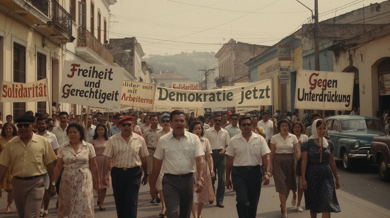 Die Szene zeigt eine lebhafte Demonstration aus den 1960er Jahren in Lateinamerika, wo Menschen mit Transparenten in der Hand auf einer städtischen Straße stehen. Diese Darstellung erinnert an die revolutionären Strömungen des "Third Cinema", das von Filmemachern wie Fernando Solanas und Octavio Getino geprägt wurde.