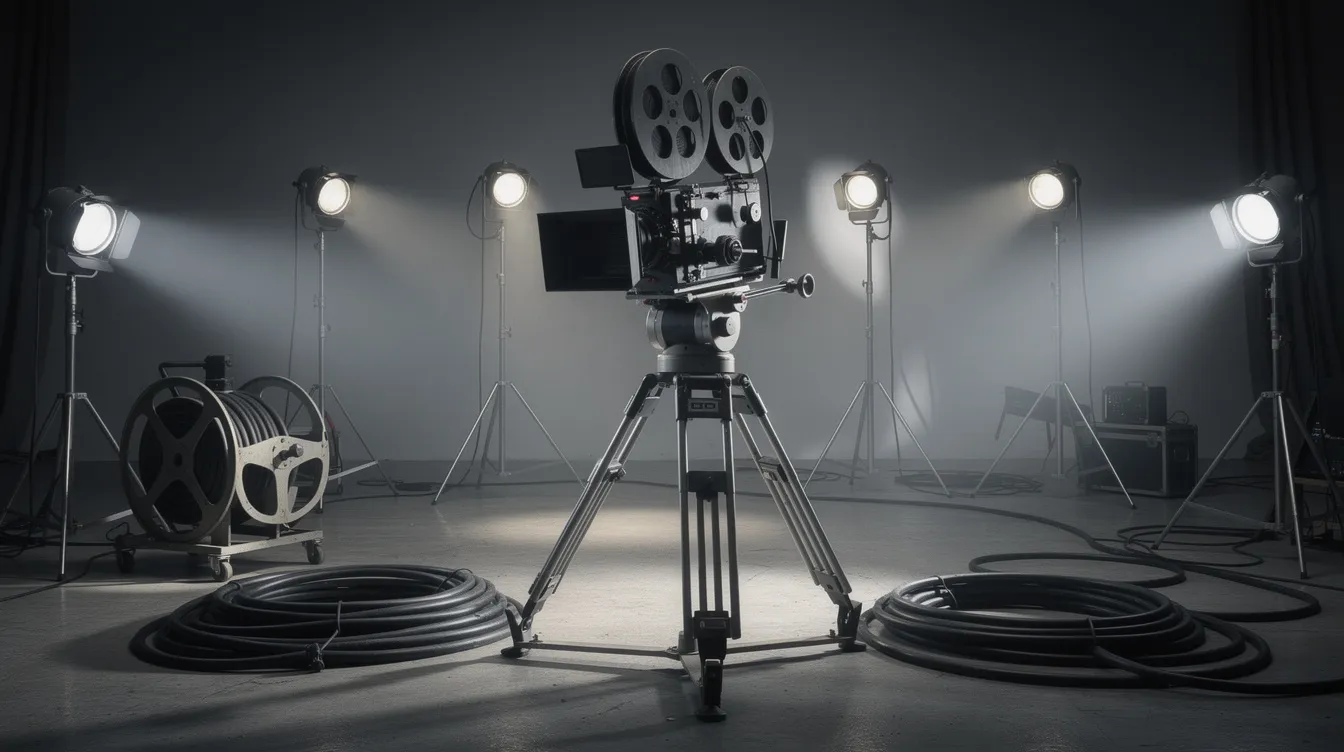 Im Bild ist eine Filmkamera auf einem Stativ in einem Studio zu sehen, umgeben von dramatischer Beleuchtung. Im Hintergrund befinden sich Scheinwerfer und Kabelrollen, die eine Atmosphäre schaffen, die an die Eröffnungsszenen von Fernsehsendungen erinnert.
