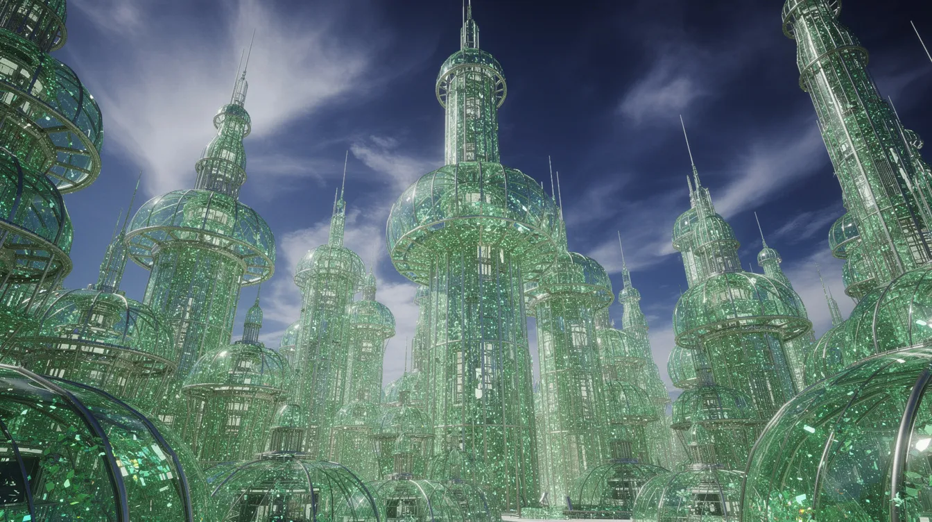 Die Nahaufnahme zeigt eine leuchtend grüne Stadt mit glitzernden Türmen und Kuppeln, die an die Smaragdstadt aus "Der Zauberer von Oz" erinnert, vor einem dramatischen blauen Himmel. Diese zauberhafte Landschaft vermittelt ein Gefühl von Abenteuer und Magie, das die Zuschauer in die Welt von Lyman Frank Baums Märchen entführt.