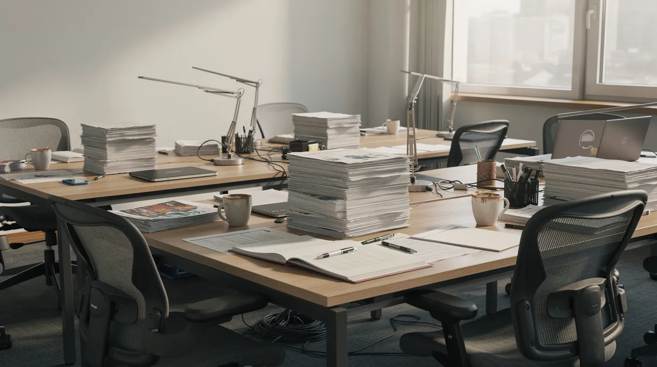 Das Bild zeigt eine Büroumgebung aus einer leicht erhöhten Perspektive, mit mehreren Schreibtischen, auf denen Papierstapel und Kaffeetassen stehen. Im Hintergrund sind Bürostühle zu sehen, die eine typische Szene aus einem modernen Büro darstellen.