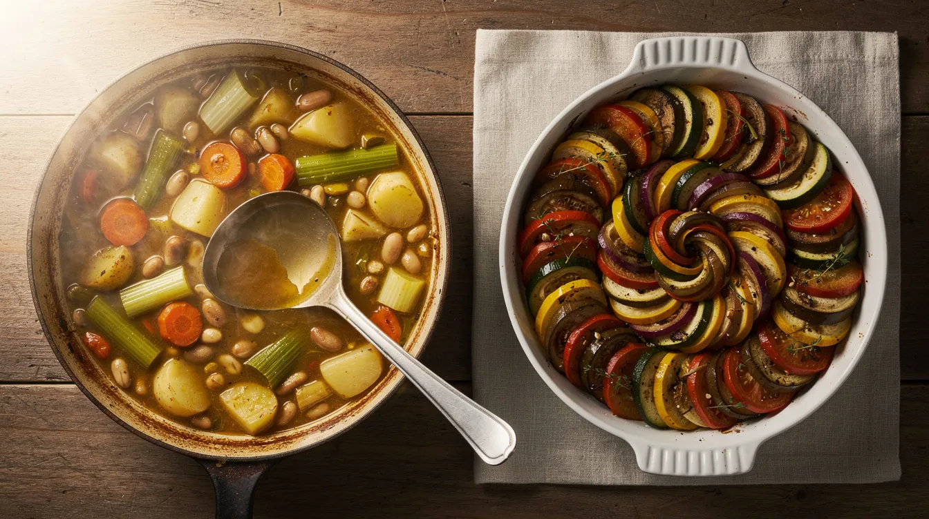 Auf dem Bild sind zwei Gerichte nebeneinander zu sehen: Links ein rustikaler Topf mit einem groben Gemüseeintopf, der reich an saisonalem Gemüse wie Zucchini, Auberginen und Paprika ist, während rechts eine elegante Auflaufform mit kunstvoll geschichtetem buntem Gemüse präsentiert wird, das an das klassische Ratatouille erinnert. Beide Gerichte sind mit frischen Kräutern garniert und laden zum Genießen ein.
