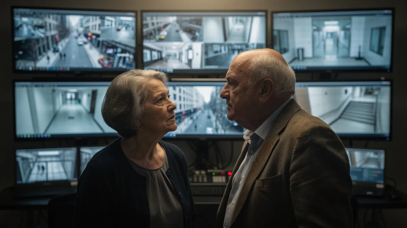 Eine gealterte Frau und ein gealterter Mann stehen in einem schwach beleuchteten Raum vor einer Wand mit modernen Überwachungsmonitoren, die an die geheimen Machenschaften und Verschwörungen aus der Serie "The X-Files" erinnern. Ihre Gesichtsausdrücke deuten auf Nachdenklichkeit und möglicherweise auf die Suche nach der Wahrheit hin, die in der Mythologie der Serie zentral ist.