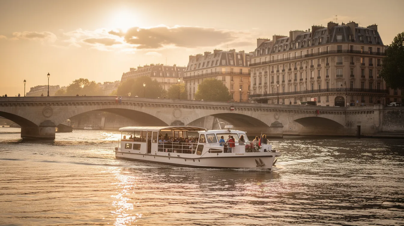 Ein Ausflugsboot gleitet sanft auf der Seine, umgeben von Pariser Brücken und Häuserzeilen, während die Nachmittagssonne ein weiches goldenes Licht auf die Szene wirft. Die Atmosphäre erinnert an eine romantische Begegnung, wie sie in einem Film von Richard Linklater mit Jesse und Céline stattfinden könnte.