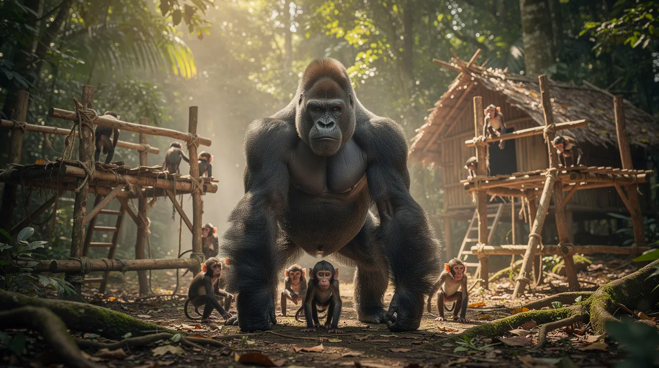 Ein massiver Gorilla steht beschützend vor einer Gruppe kleinerer Affen in einem Waldlager, umgeben von einfachen Holzkonstruktionen. Diese Szene erinnert an die dramatischen Momente aus "Planet der Affen: Revolution", in denen das Affenvolk um ihr Überleben kämpft.