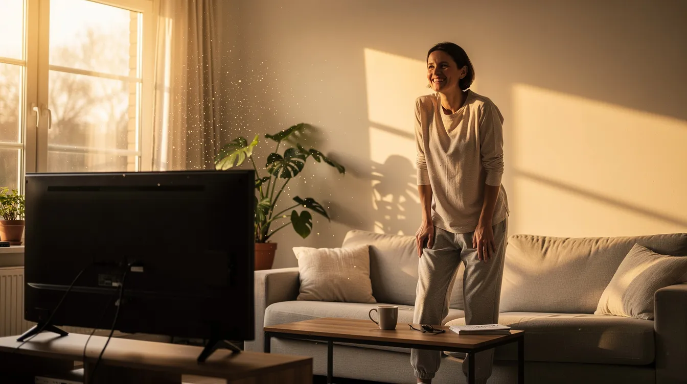 Eine Person steht lächelnd von der Couch auf, während warmes Morgenlicht durch das Fenster in den Raum strömt, und der Fernseher ausgeschaltet ist. Diese Szene vermittelt eine entspannte Atmosphäre, die perfekt für einen Serienmarathon oder um einfach die Ruhe des Morgens zu genießen, geeignet ist.