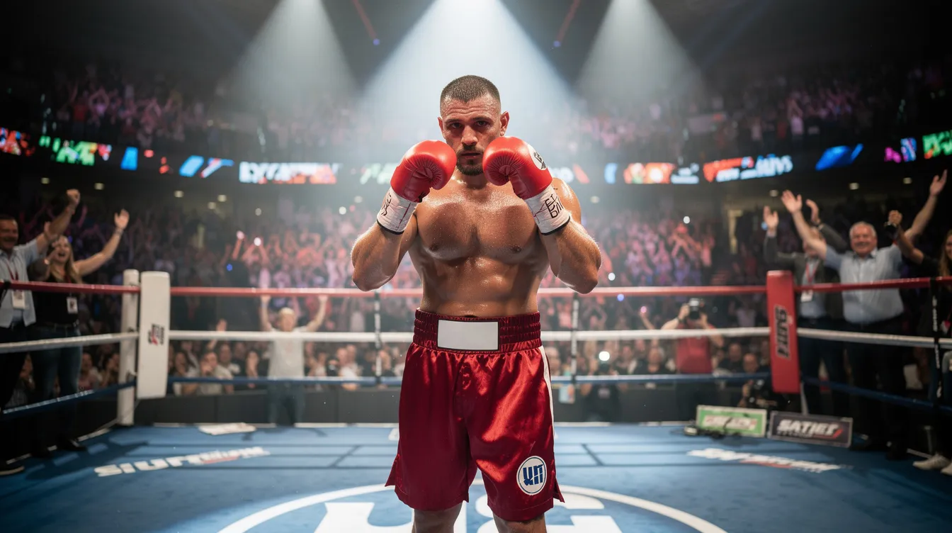 Ein muskulöser Boxer steht mit erhobenen Fäusten in einem hell erleuchteten Boxring, während jubelndes Publikum in einer großen Arena ihn anfeuert. Diese Szene erinnert an die spannenden Kämpfe aus "Rocky III", wo die Charaktere wie Clubber Lang und Apollo Creed um den Titel kämpfen.