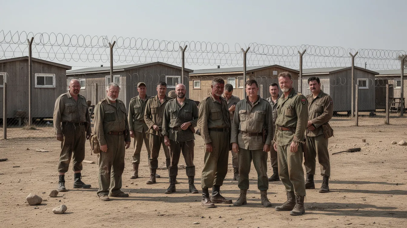 Eine Gruppe von Männern in abgetragenen Militäruniformen steht auf einem staubigen Hof, umgeben von Holzbaracken und einem Stacheldrahtzaun, was an die dramatischen Szenen aus dem Film "Gesprengte Ketten" erinnert. Das Tageslicht beleuchtet die Gesichter der Männer, die als Kriegsgefangene in einem Lager dargestellt werden, und vermittelt das Gefühl von Hoffnung auf Freiheit und Flucht.