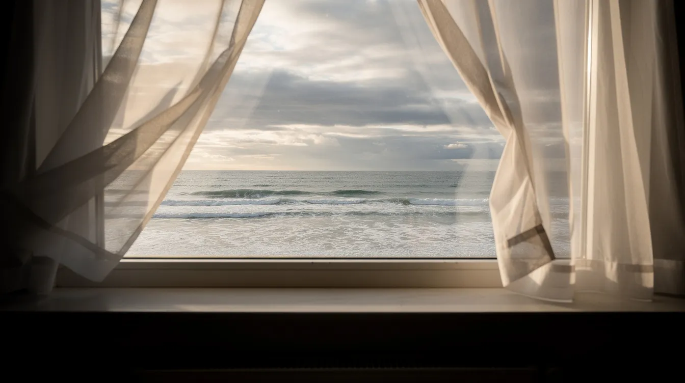 Der Blick aus einem Fenster mit weißen Vorhängen zeigt eine weitläufige Meereslandschaft, in der sanfte Wellen gegen die Küste schlagen und Wolken am Himmel ziehen. Der Raum hinter dem Fenster ist dunkel und schattig, was einen Kontrast zur strahlenden Schönheit des Meeres in mir, das an die Geschichte von Ramón Sampedro erinnert, bildet.
