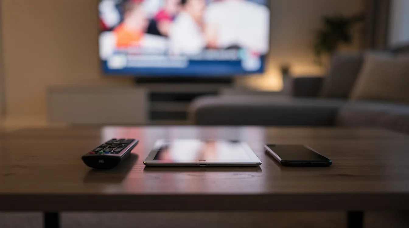 Auf einem Wohnzimmertisch liegen eine Fernbedienung, ein Tablet und ein Smartphone nebeneinander, während im Hintergrund ein unscharfer Fernsehbildschirm zu sehen ist. Diese Anordnung verdeutlicht die Nutzung von Second Screens, die oft parallel zum Fernsehen verwendet werden, um Informationen zu teilen oder Social Media zu nutzen.