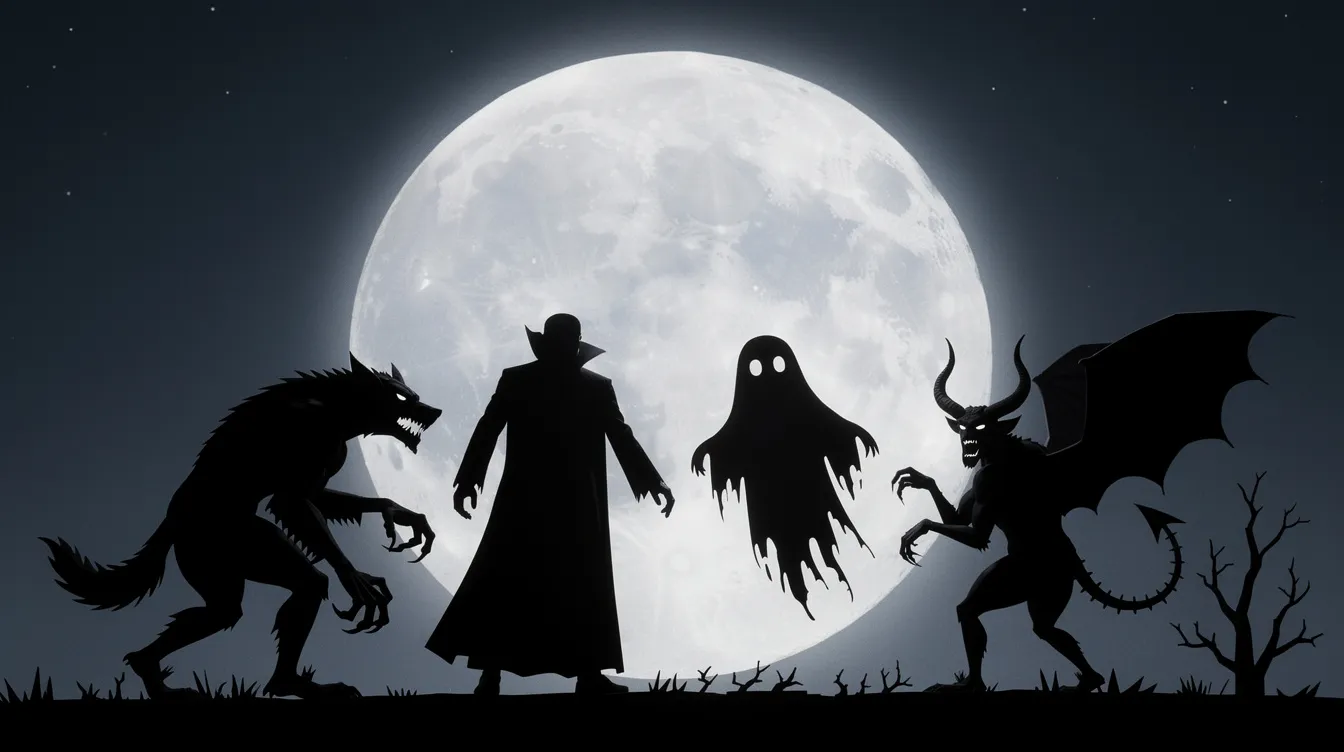 Die Scherenschnitte zeigen klassische Horrorkreaturen wie einen Vampir, einen Werwolf, einen Geist und einen Dämon, die vor einem strahlenden Vollmond angeordnet sind. Diese gruseligen Figuren erinnern an die Monster of the Week-Thematik und laden zu einer spannenden Erkundung von übernatürlichen Abenteuern ein.