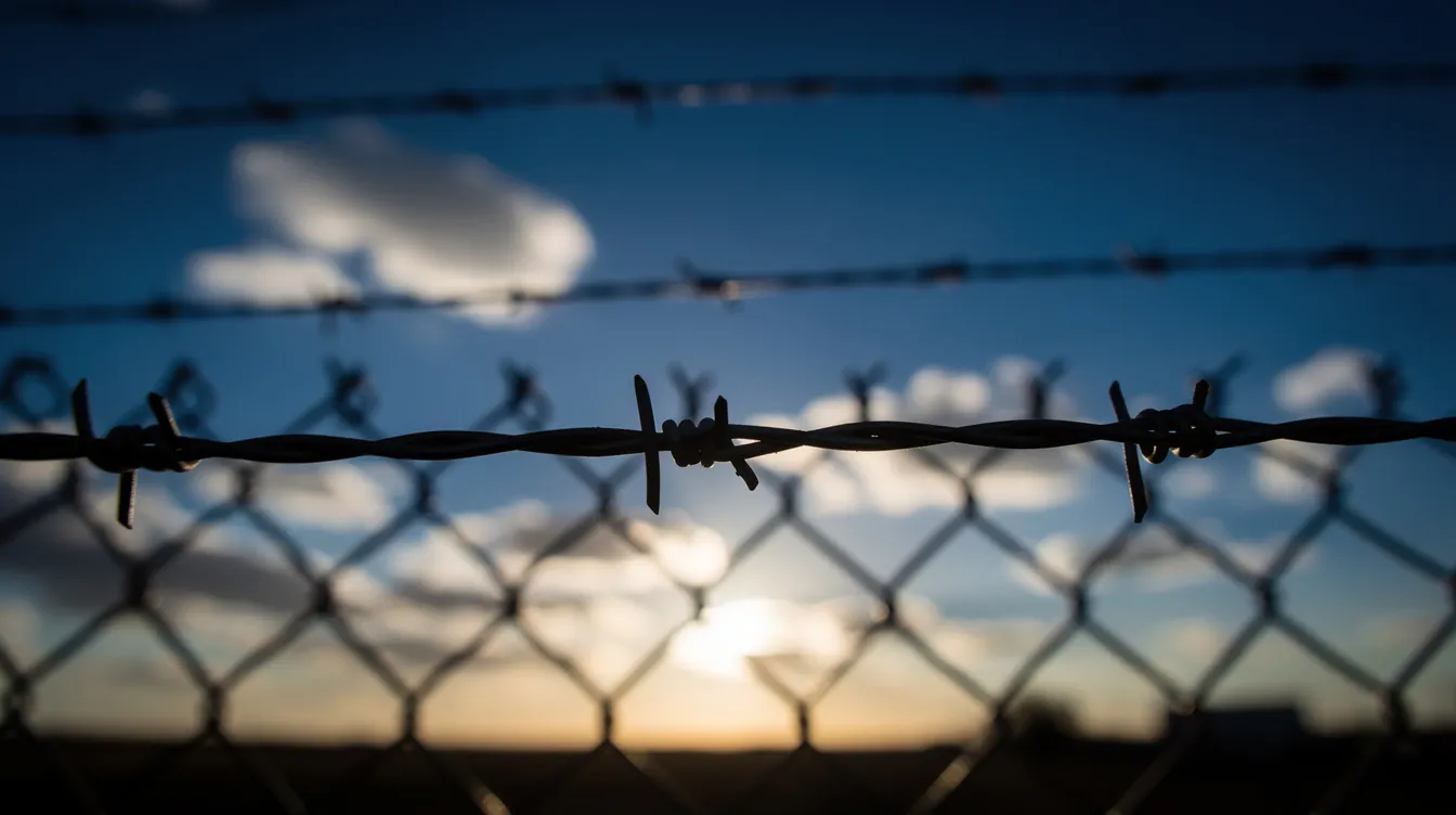 Ein Stacheldrahtzaun ist im Gegenlicht zu sehen, während ein blauer Himmel mit vereinzelten Wolken im Hintergrund strahlt. Dieses Bild symbolisiert den Kontrast zwischen Gefangenschaft und Freiheit, ähnlich wie in dem Film "Gesprengte Ketten", der die Geschichte eines Massenausbruchs von Kriegsgefangenen erzählt.