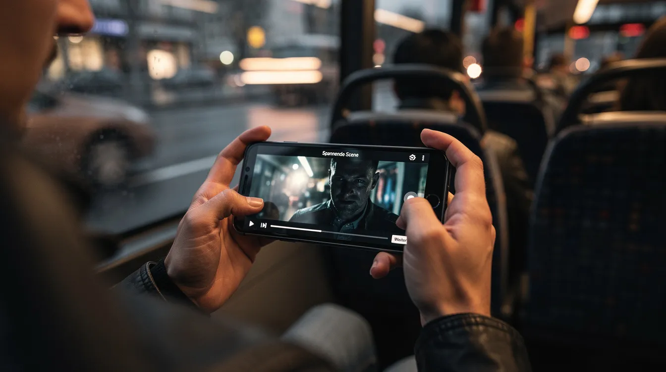 Eine Person sitzt in einem Bus und schaut auf ihrem Smartphone eine spannende Filmszene aus einer Serie. Der Bildschirm zeigt eine Nahaufnahme der aufregenden Episode, die das Interesse des Zuschauers weckt.