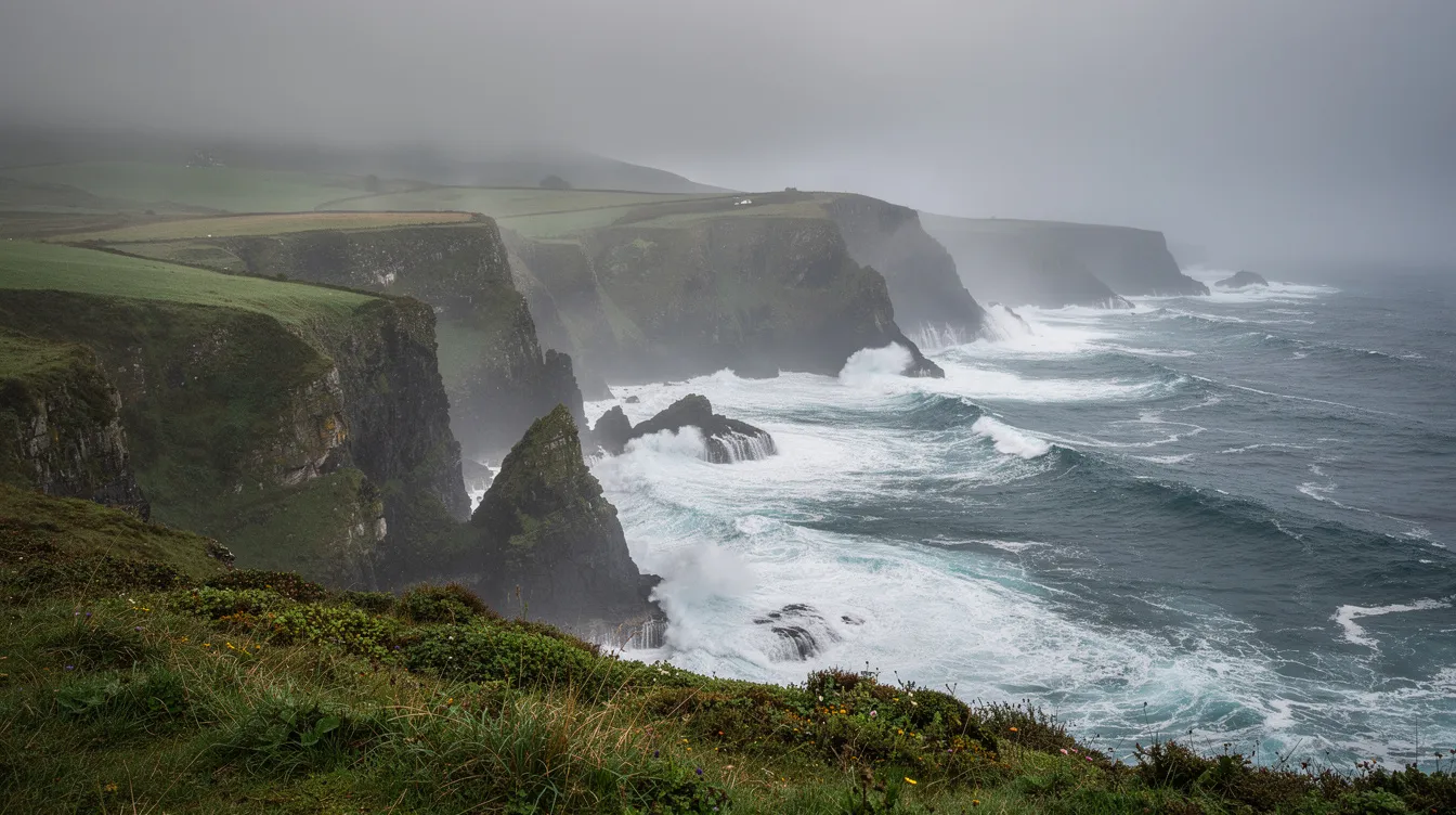 Die galicische Küstenlandschaft zeigt schroffe Felsen, die majestätisch in das aufgewühlte Atlantikwasser ragen, umgeben von sanften, grünen Hügeln und einem tiefhängenden Nebel, der eine geheimnisvolle Atmosphäre schafft, die an die Geschichte von Ramón Sampedro und das Thema "Das Meer in mir" erinnert.