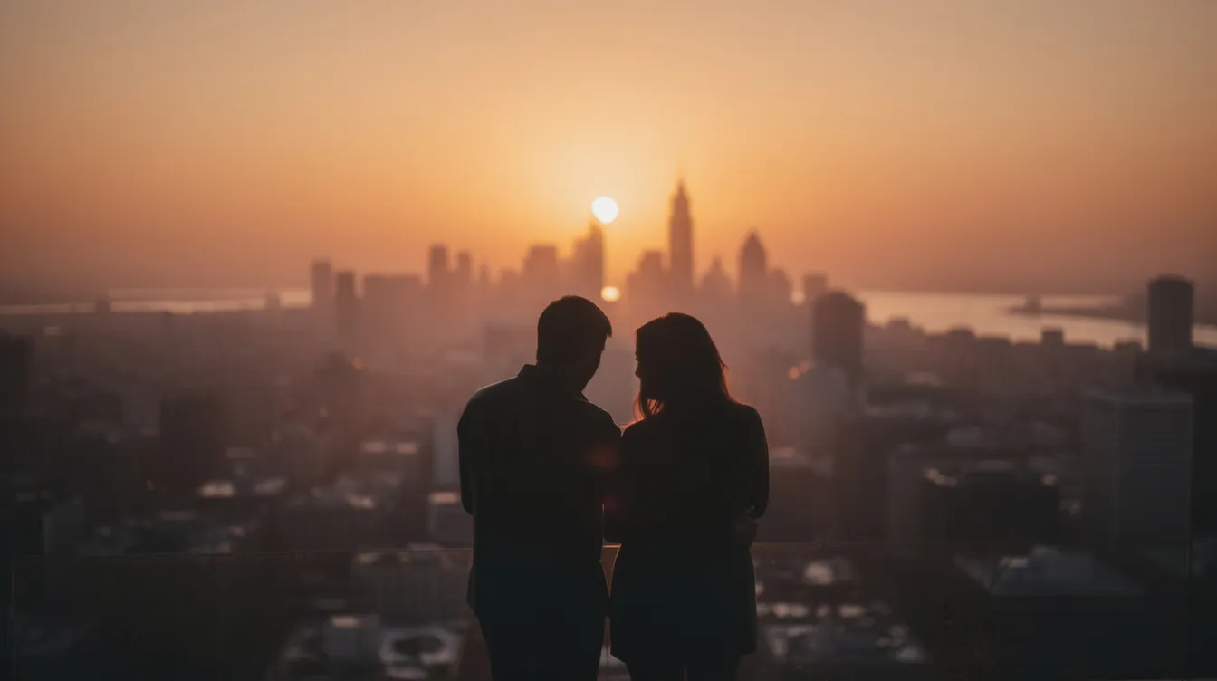 Die Silhouette zweier Personen steht vor einem atemberaubenden Sonnenuntergang über einer Stadtlandschaft, in warmen Orange- und Goldtönen getaucht. Die leichte Unschärfe verstärkt die romantische Atmosphäre, die an die Begegnungen von Jesse und Céline aus Richard Linklaters Film "Before Sunrise" erinnert.