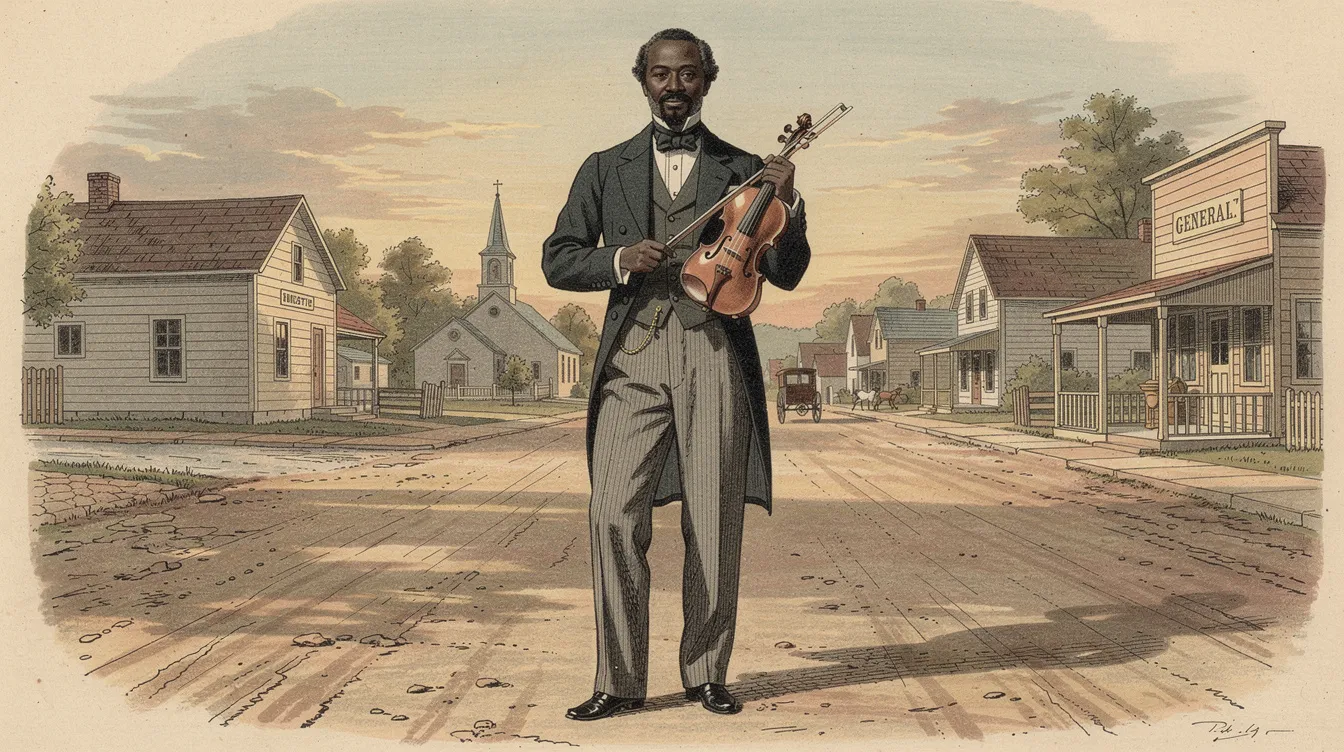 Die Illustration zeigt einen eleganten afroamerikanischen Mann in formeller Kleidung des 19. Jahrhunderts, der eine Violine hält. Im Hintergrund ist eine ländliche Kleinstadt im Nordosten der USA zu sehen, die an die Geschichte von "12 Years a Slave" erinnert und die Themen Freiheit und Kampf widerspiegelt.