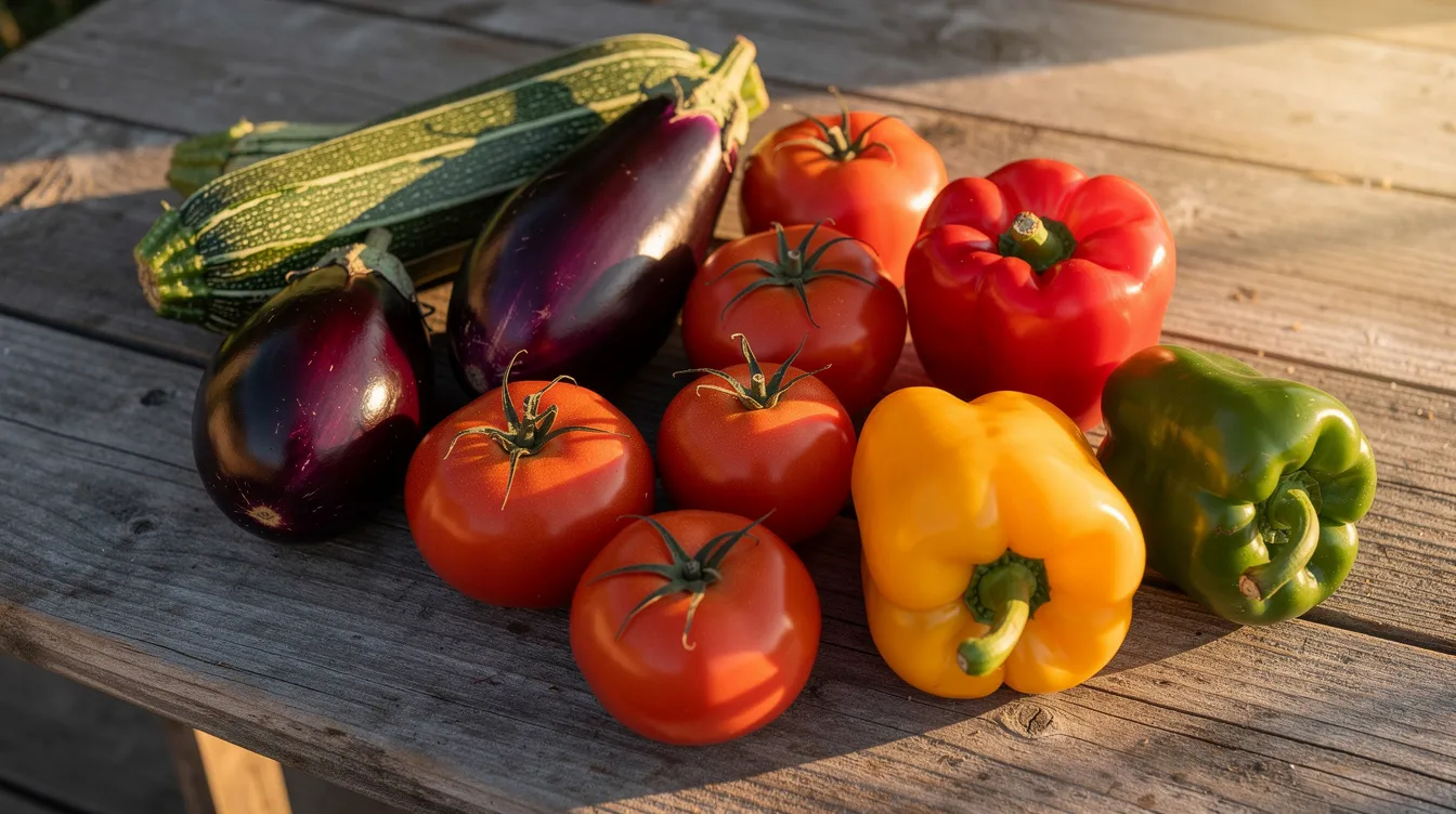 Auf einem rustikalen Holztisch liegt frisches Sommergemüse, darunter Auberginen, Zucchini, Tomaten und Paprika, die im warmen Sonnenlicht leuchten. Diese bunten Zutaten laden zur Zubereitung eines klassischen Ratatouille ein, das sowohl als Hauptgericht als auch als Beilage genossen werden kann.