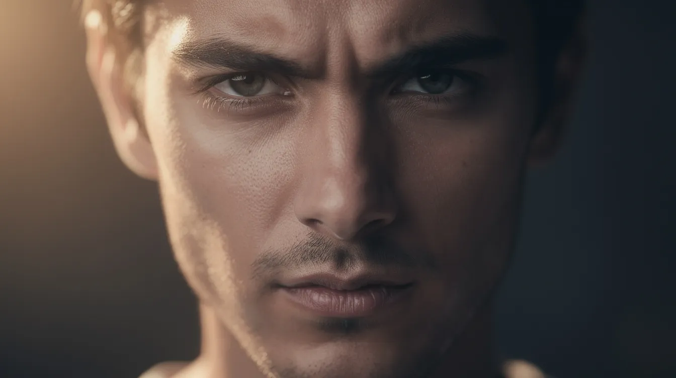Die Nahaufnahme zeigt ein Gesicht mit einem intensiven Blick, beleuchtet von warmem Seitenlicht, das dramatische Schatten auf einer Seite wirft. Diese Darstellung könnte in der Forschung zur Augenbewegung und Blickverarbeitung von Interesse sein, insbesondere im Kontext von Eyetracking-Studien.
