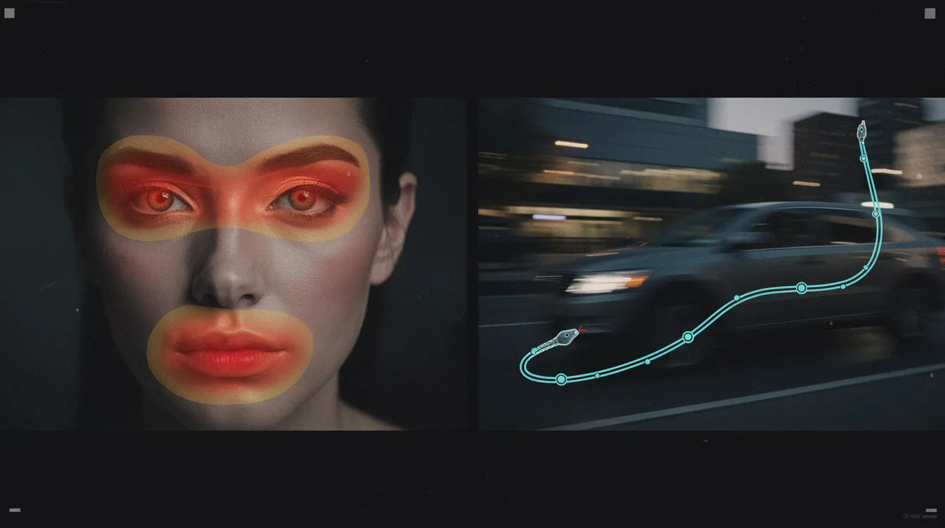 Das Bild zeigt zwei Filmframes nebeneinander: links ein Gesicht, das mit warmfarbigen Heatmap-Flecken über Augen und Mund versehen ist, um die Augenbewegungen und Fixationen zu verdeutlichen. Rechts sieht man eine Actionszene, in der eine sich schlängelnde Blickpfadlinie einem Fahrzeug folgt, was die Anwendung von Eye Tracking in Filmen veranschaulicht.