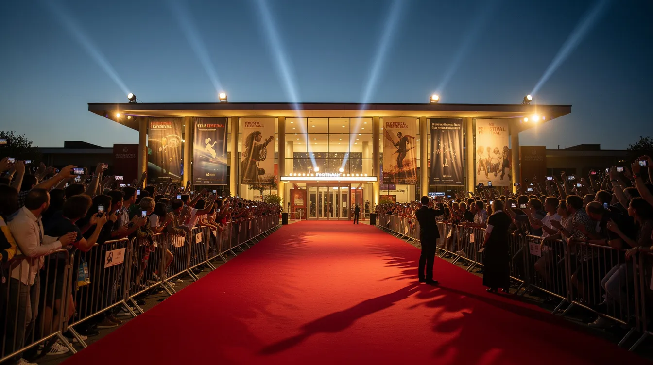 Ein roter Teppich erstreckt sich vor einem Festivalgebäude im Abendlicht, während Scheinwerfer auf die Szenerie strahlen. Wartende Zuschauer stehen hinter Absperrungen und bereiten sich darauf vor, die neuesten Filme und Releases auf der Veranstaltung zu erleben.