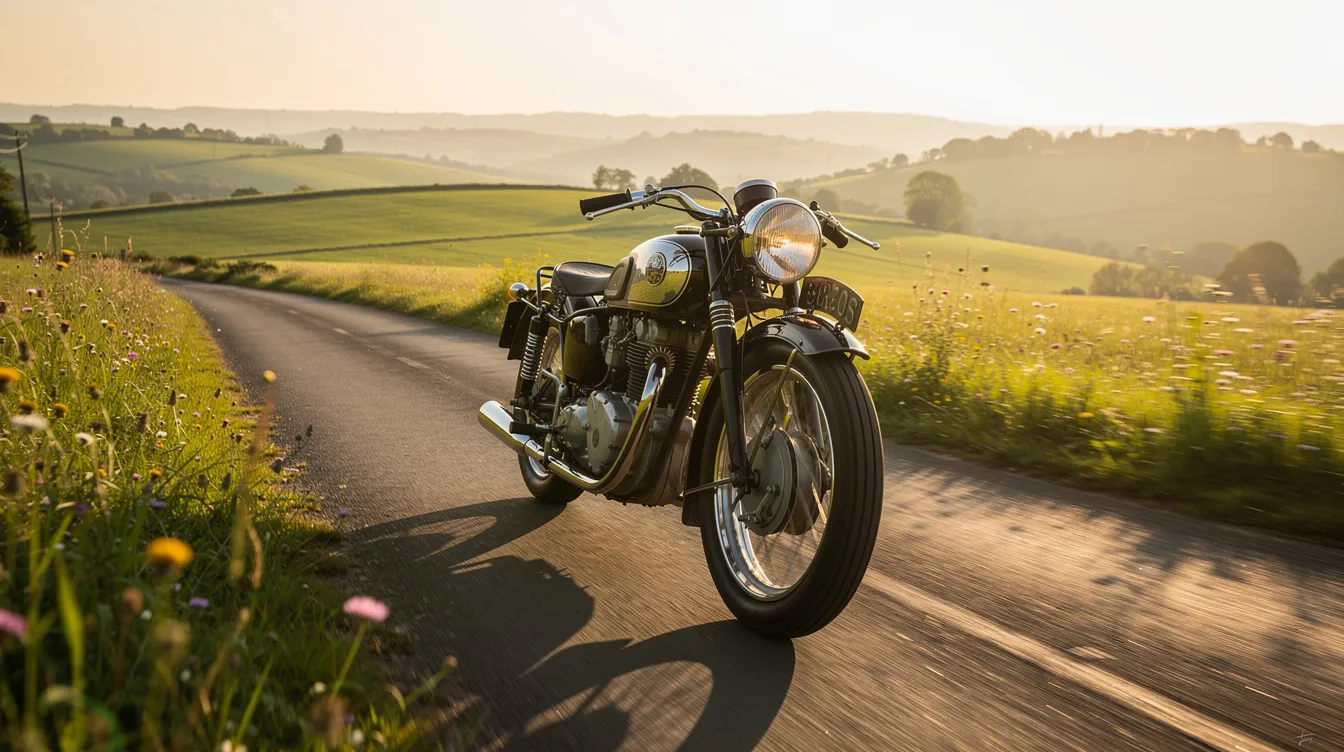 Ein Vintage-Motorrad fährt mit einem Gefühl von Geschwindigkeit auf einer schmalen Landstraße, umgeben von saftig grünen Wiesen und sanften Hügeln im Sonnenlicht. Diese Szenerie erinnert an die Freiheit und Abenteuerlust aus dem Klassiker "Gesprengte Ketten", in dem die Charaktere wie Virgil Hilts um ihr Überleben kämpfen.