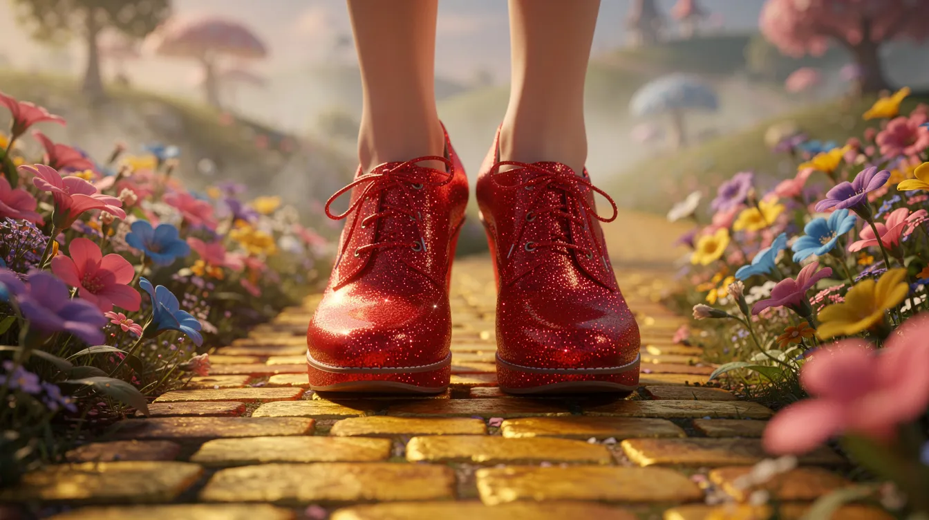 Die Detailaufnahme zeigt leuchtend rote glitzernde Schuhe auf einem goldgelben Steinweg, umgeben von bunten Blumen und einer märchenhaften Landschaft, die an das zauberhafte Land aus "Der Zauberer von Oz" erinnert. Diese Szene strahlt die Magie und den Charme des klassischen Musicals aus, während sie den Betrachter in eine traumhafte Welt entführt.